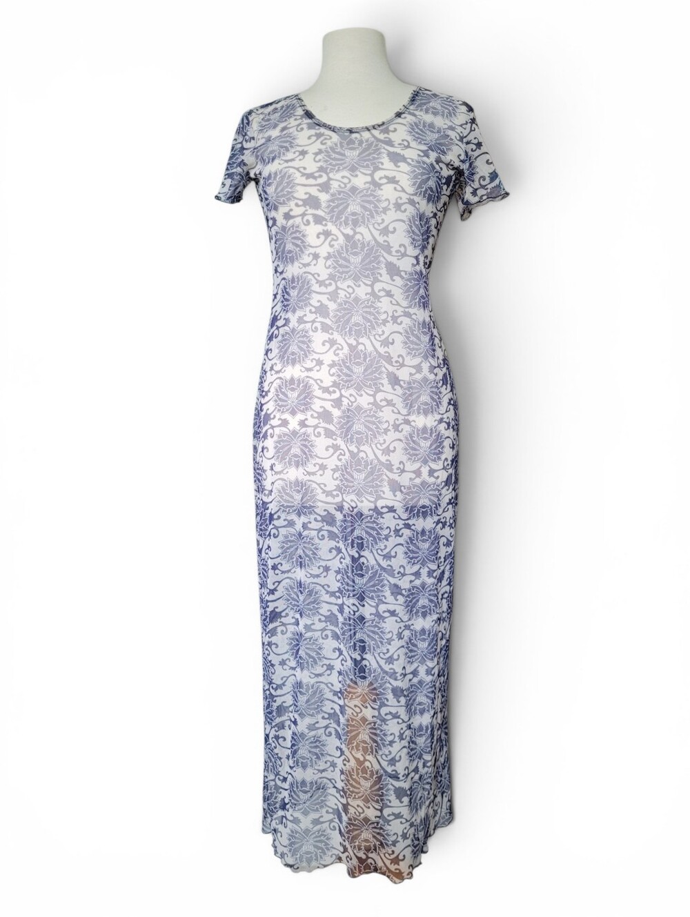 Vintage Y2K Holt Renfrew Sheer Mesh Maxi Dress Botanical Print Whimsigoth M